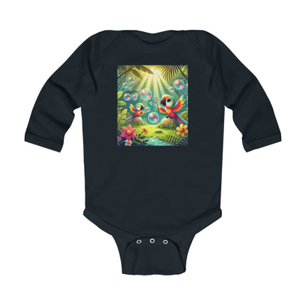 Parrots and Bubbles Baby Long Sleeve Bodysuit – Whimsical Tropical Bird Design