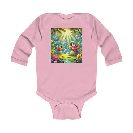 Parrots and Bubbles Baby Long Sleeve Bodysuit – Whimsical Tropical Bird Design