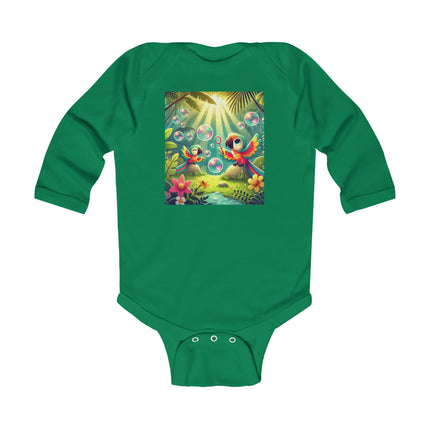Parrots and Bubbles Baby Long Sleeve Bodysuit – Whimsical Tropical Bird Design
