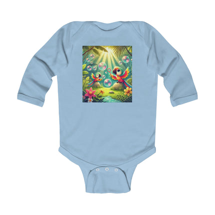 Parrots and Bubbles Baby Long Sleeve Bodysuit – Whimsical Tropical Bird Design
