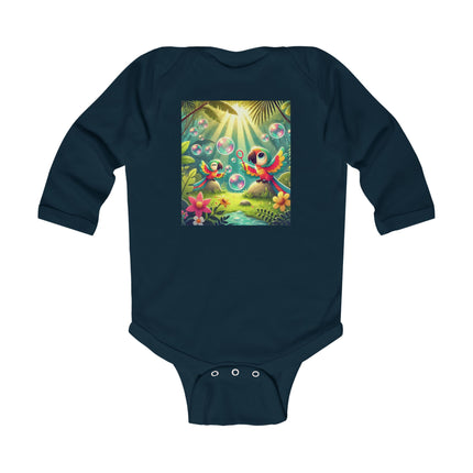 Parrots and Bubbles Baby Long Sleeve Bodysuit – Whimsical Tropical Bird Design