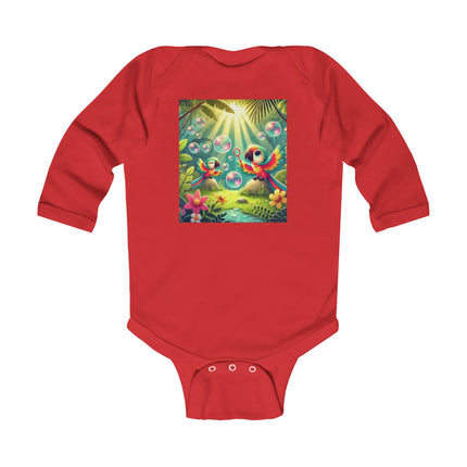 Parrots and Bubbles Baby Long Sleeve Bodysuit – Whimsical Tropical Bird Design