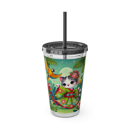Parrot Dance of the Geisha Kitten Sunsplash Tumbler with Straw, 16oz
