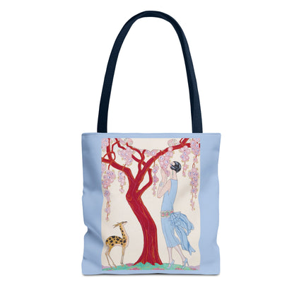 Woman, Fawn, and Red Tree by George Barbier Tote Bag (AOP)