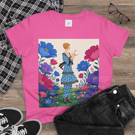 🐇🌺 The Little Rabbit Garden Cotton Tee – Art Deco Floral Whimsy