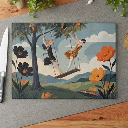 🌳🧡 The Ladies Of The Autumn Swing Glass Cutting Board – Art Deco Woodland Whimsy