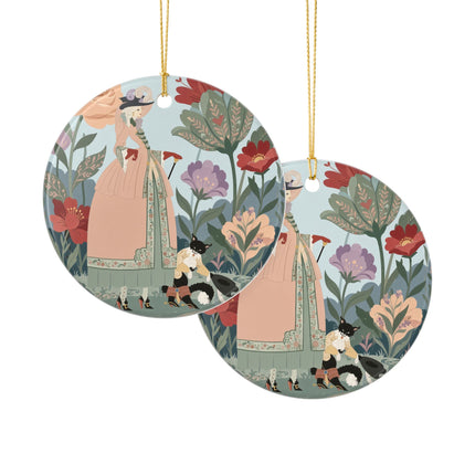 🌹🐈 The Lady And Puss In Boots Ceramic Ornament – Art Deco Floral Whimsy