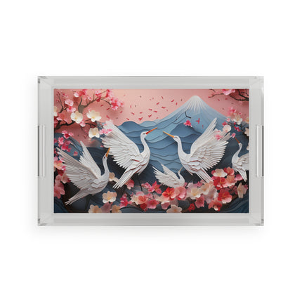 Graceful Cranes and Cherry Blossoms Acrylic Serving Tray