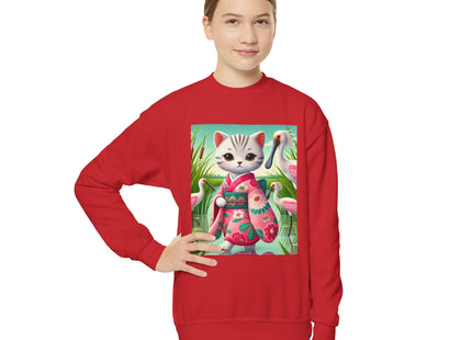 Geisha Kitten Strolls Among the Spoonbills Youth Crewneck Sweatshirt