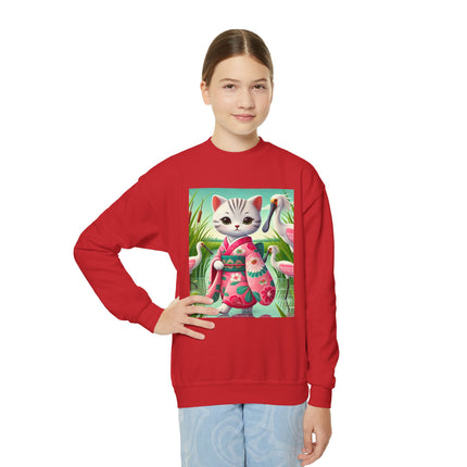 Geisha Kitten Strolls Among the Spoonbills Youth Crewneck Sweatshirt – Grace, Nature & Whimsical Elegance