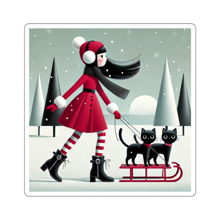 Red Sled & Curious Cats Kiss-Cut Stickers (4 Sizes)