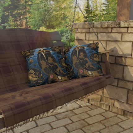 🐉🌺 The Golden Dragon Empress Outdoor Pillow – Art Deco Oriental Fantasy