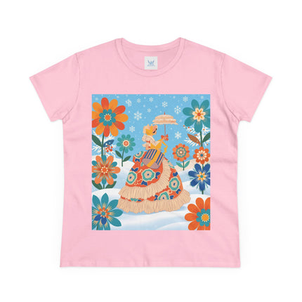 🌼❄️ The Winter Parasol Lady Cotton Tee – Art Deco Floral Fantasy