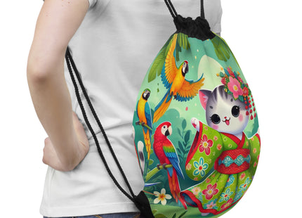 Parrot Dance of the Geisha Kitten Drawstring Bag