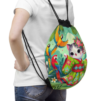 Parrot Dance of the Geisha Kitten Drawstring Bag