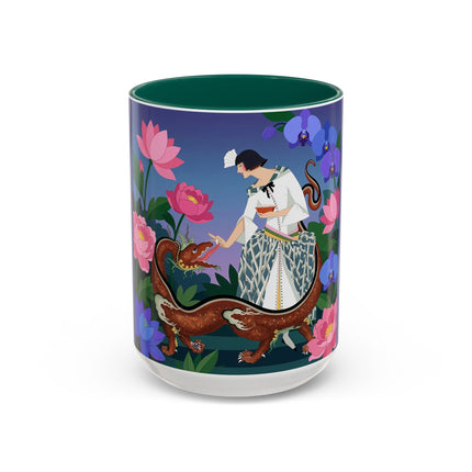 The Lady And The Garden Dragon Colorful Mugs – Art Deco Mythical Botanical Elegance