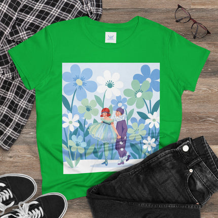 🌸🎭 The Little Dancers In The Flower Garden Cotton Tee – Art Deco Floral Whimsy