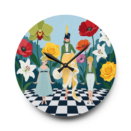 🌺🎩 The Lady And Children Of The Grand Flower Garden Acrylic Wall Clock – Art Deco Fashion Whimsy