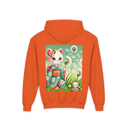Geisha Kitten and the Dandelion Wish Youth Hooded Sweatshirt – Soft Dreams & Gentle Wonder