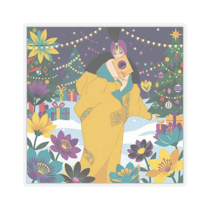 💛🎄 The Lady Of The Golden Christmas Cloak Kiss-Cut Sticker – Art Deco Holiday Fantasy