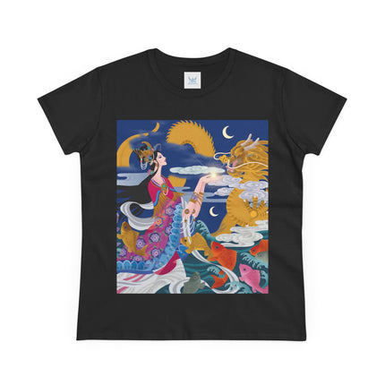 Dragon Pearl Offering Women's Midweight Cotton Tee – Mystical Fantasy & Golden Grace