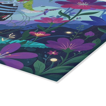 🌙🌸 The Lady Of The Firefly Garden Glass Cutting Board – Art Deco Midnight Floral Fantasy