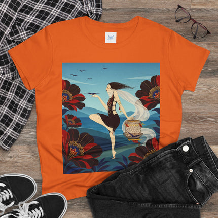🌊🌺 The Lady Of The Wild Wind Cotton Tee – Art Deco Coastal Fantasy