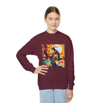 Black Cat in Kimono Youth Crewneck Sweatshirt