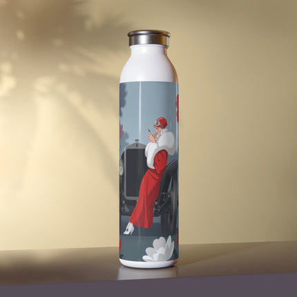 🚗🌺 The Lady Of The Grand Touring Car Slim Water Bottle – Art Deco Motoring Elegance