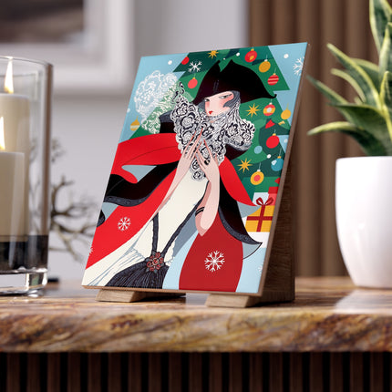 🧣🎄 The Lady Of The Crimson Scarf Ceramic Tile – Art Deco Christmas Elegance