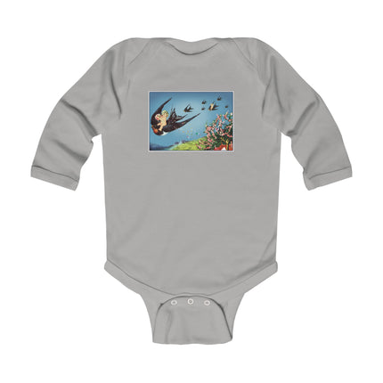 Flight of Serenity Baby Long Sleeve Bodysuit – Vintage Swallows & Peaceful Sky Journey