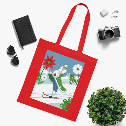 🎿🌺 The Winter Garden Skier Cotton Tote Bag – Colorful Winter Adventure