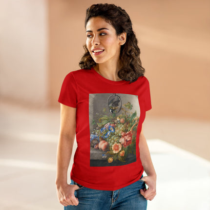 Still Life With Flowers, Fruit, A Great Tit And A Mouse by Herman Henstenburgh Women's Midweight Cotton Tee