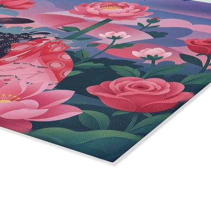 🌹🎭 The Rose Garden Masquerade Glass Cutting Board – Art Deco Floral Fantasy