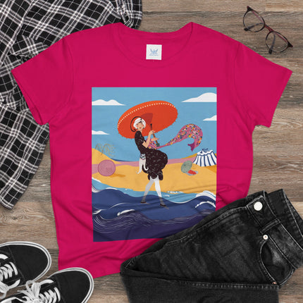 Beachside Promenade Women's Midweight Cotton Tee – Summer Glamour & Coastal Joy