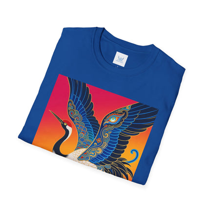 🪽🌅 The Celestial Crane Softstyle T-Shirt – Art Deco Wings Of Elegance
