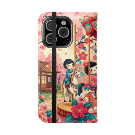 🎠🌸 Geisha Kitten's Enchanted Carousel Flip Case – Whimsical Dreams & Cherry Blossom Magic