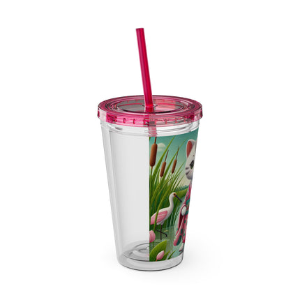 Geisha Kitten Strolls Among the Spoonbills Sunsplash Tumbler with Straw, 16oz