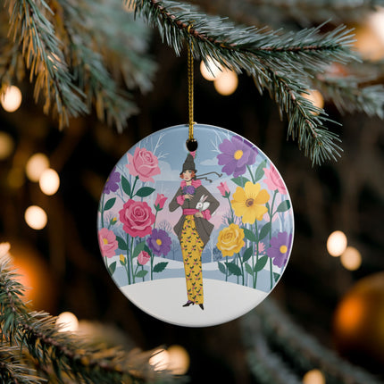 🐇🌸 The Lady With The White Rabbit Ceramic Ornament – Art Deco Floral Whimsy