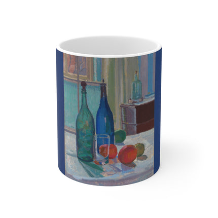 Blue and Green Bottles and Oranges by Spencer Frederick Gore Ceramic Mug 11oz
