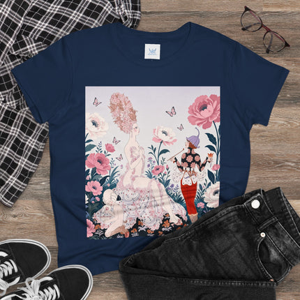 🌸🦋 The Enchanted Rose Garden Encounter Cotton Tee – Art Deco Floral Whimsy