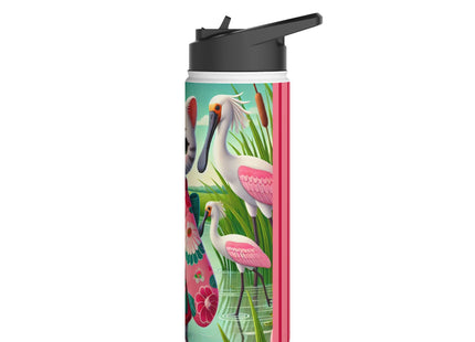 Geisha Kitten Strolls Among the Spoonbills Stainless Steel Water Bottle, Standard Lid