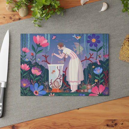 🐠🌸 The Lady Of The Enchanted Aquarium Glass Cutting Board – Art Deco Underwater Garden Fantasy