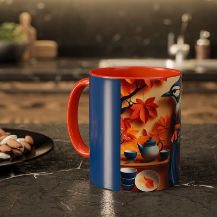 Blue Jay at an Autumn Tea Ceremony Colorful Mugs (11oz, 15oz)
