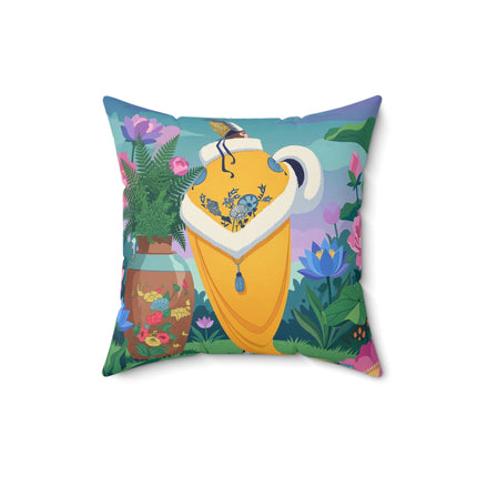 🪷✨ The Lady Of The Golden Lotus Garden Square Pillow – Art Deco Floral Elegance