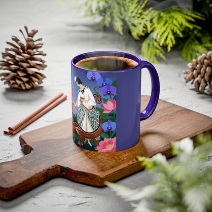 The Lady And The Garden Dragon Colorful Mugs – Art Deco Mythical Botanical Elegance