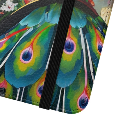🦚🌸 Techno Plumes Peacock Flip Case – Neon Elegance & Sakura Dreams