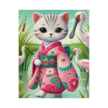Geisha Kitten Strolls Among the Spoonbills Puzzle (110, 252, 520-piece)