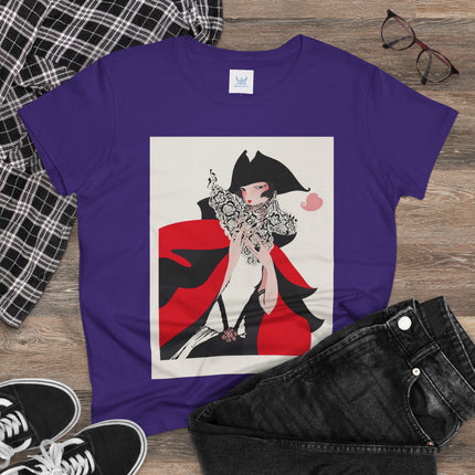 Crimson Masquerade Women's Midweight Cotton Tee – Dramatic Elegance & Art Deco Mystery
