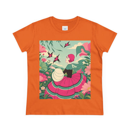 🐦🌺 The Garden Of Flying Birds Cotton Tee – Art Deco Floral Whimsy